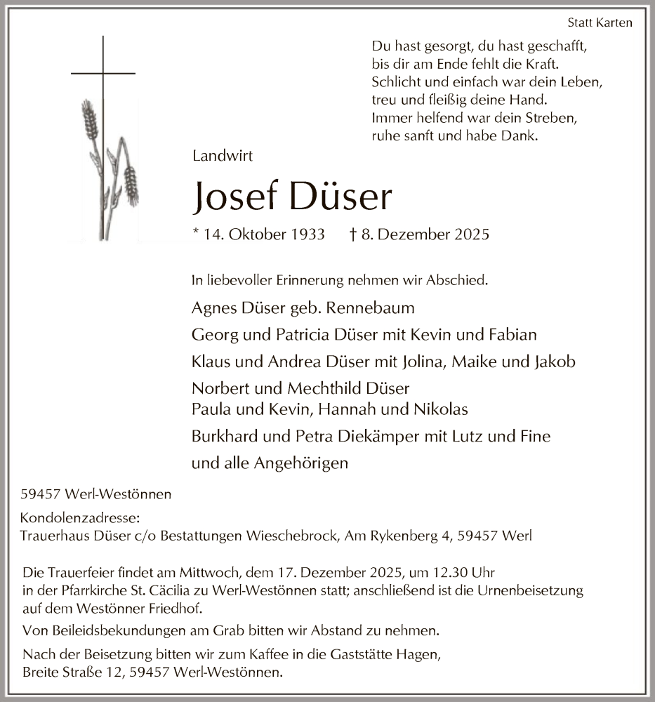  Traueranzeige für Josef Düser vom 13.12.2025 aus HASO