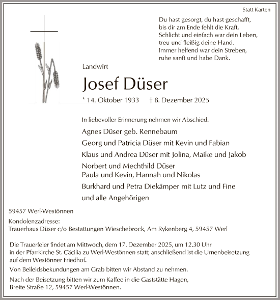 Traueranzeige von Josef Düser von HASO