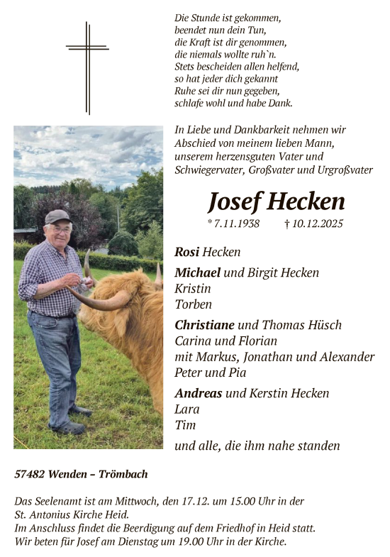 Traueranzeige von Josef Hecken von HASK