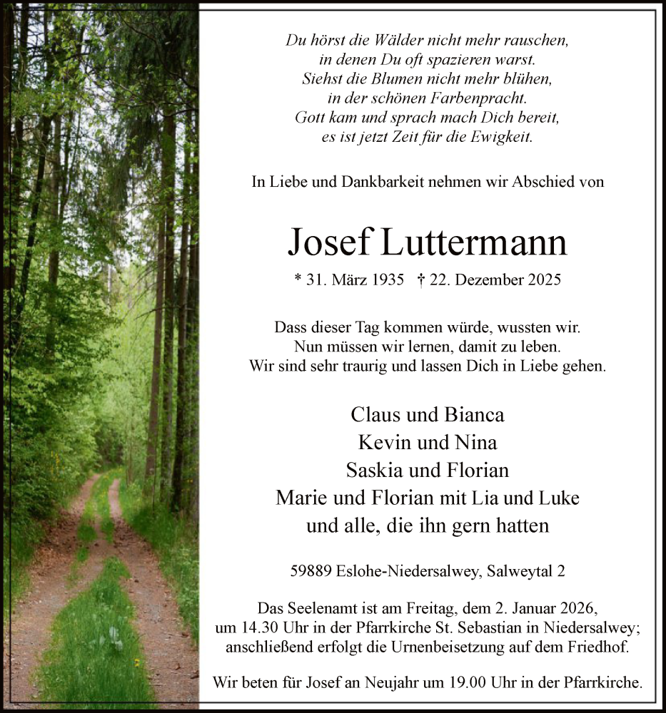  Traueranzeige für Josef Luttermann vom 27.12.2025 aus HASK