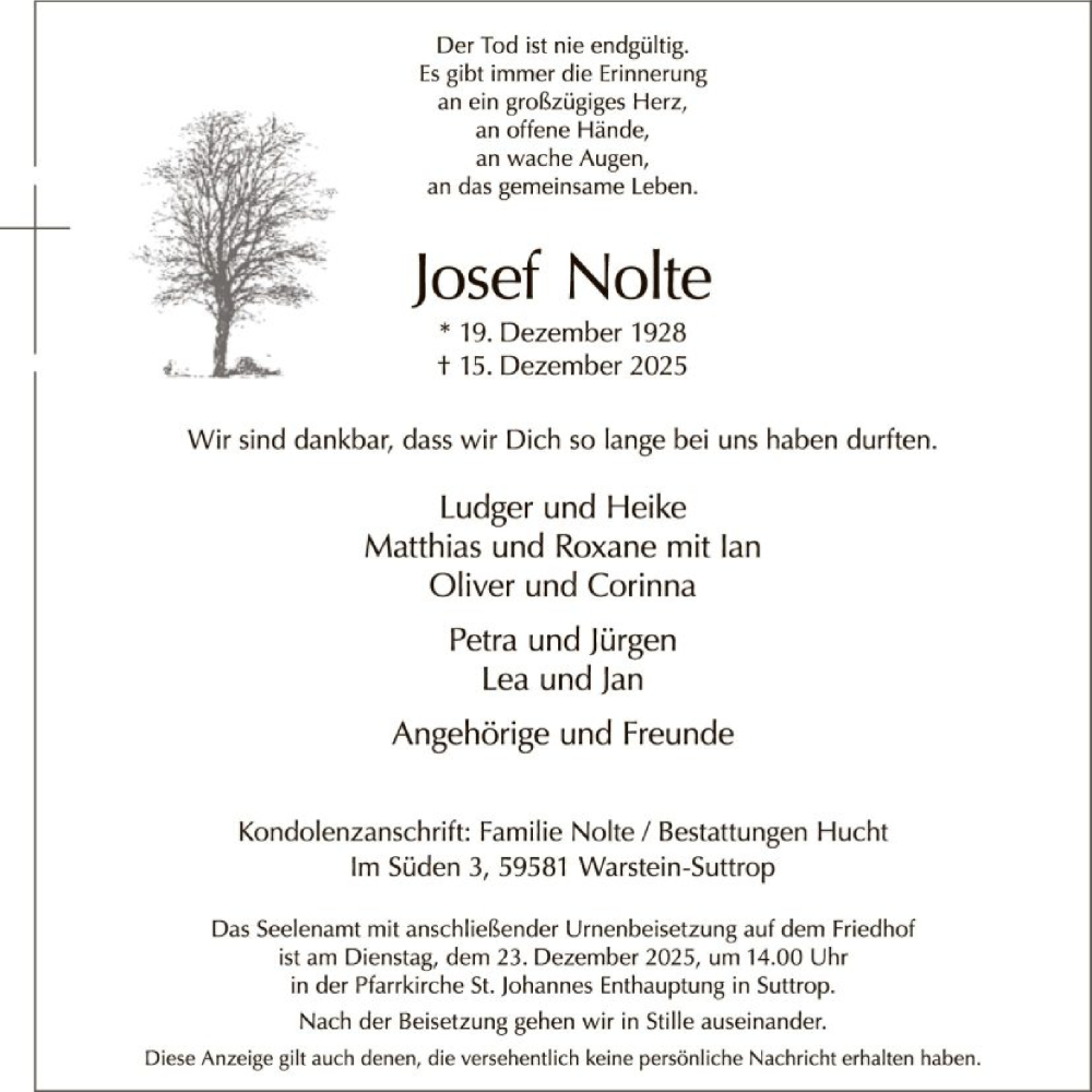  Traueranzeige für Josef Nolte vom 19.12.2025 aus HASO