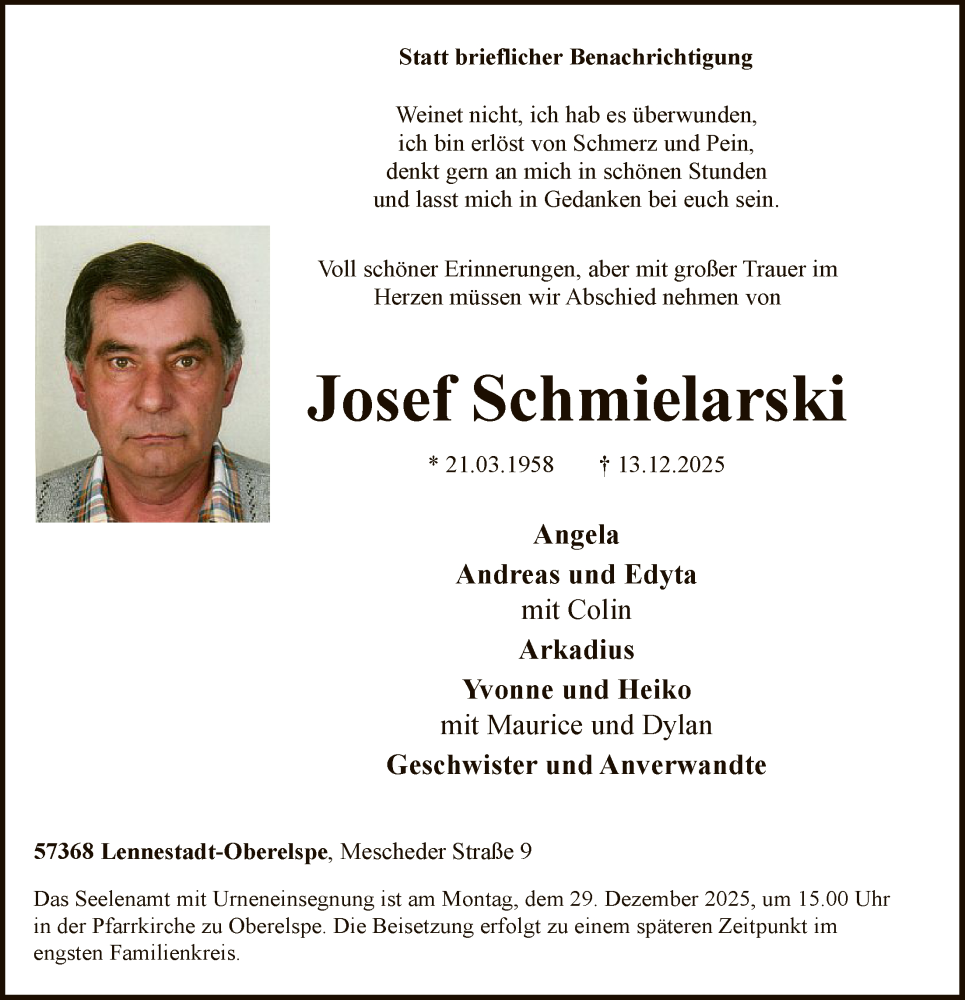  Traueranzeige für Josef Schmielarski vom 20.12.2025 aus HASK