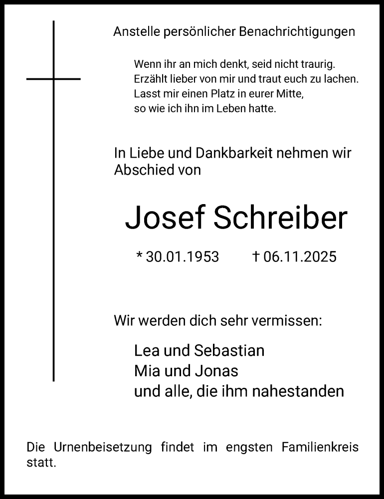  Traueranzeige für Josef Schreiber vom 06.12.2025 aus HASK