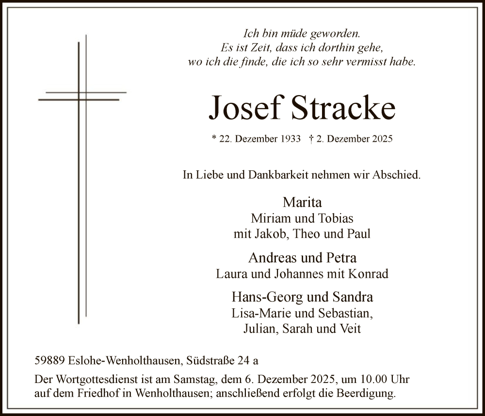  Traueranzeige für Josef Stracke vom 06.12.2025 aus HASK