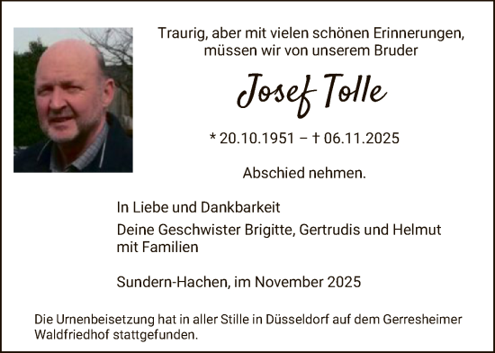 Traueranzeige von Josef Tolle von HASK