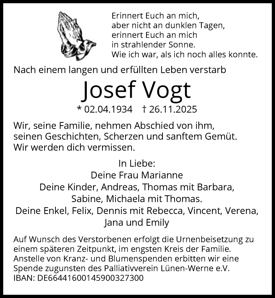  Traueranzeige für Josef Vogt vom 06.12.2025 aus HAWA