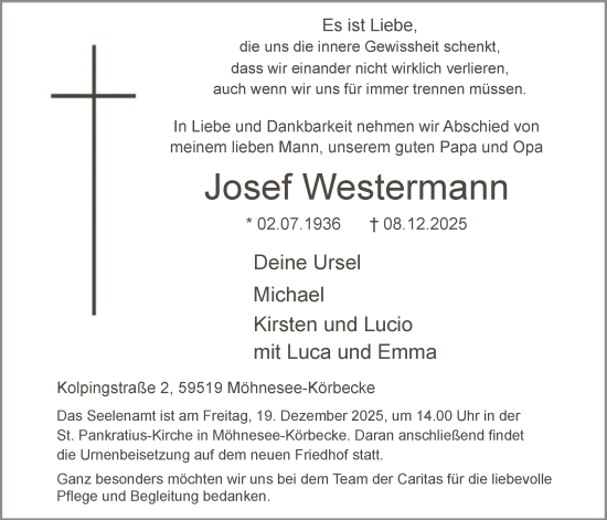 Traueranzeige von Josef Westermann von HASO