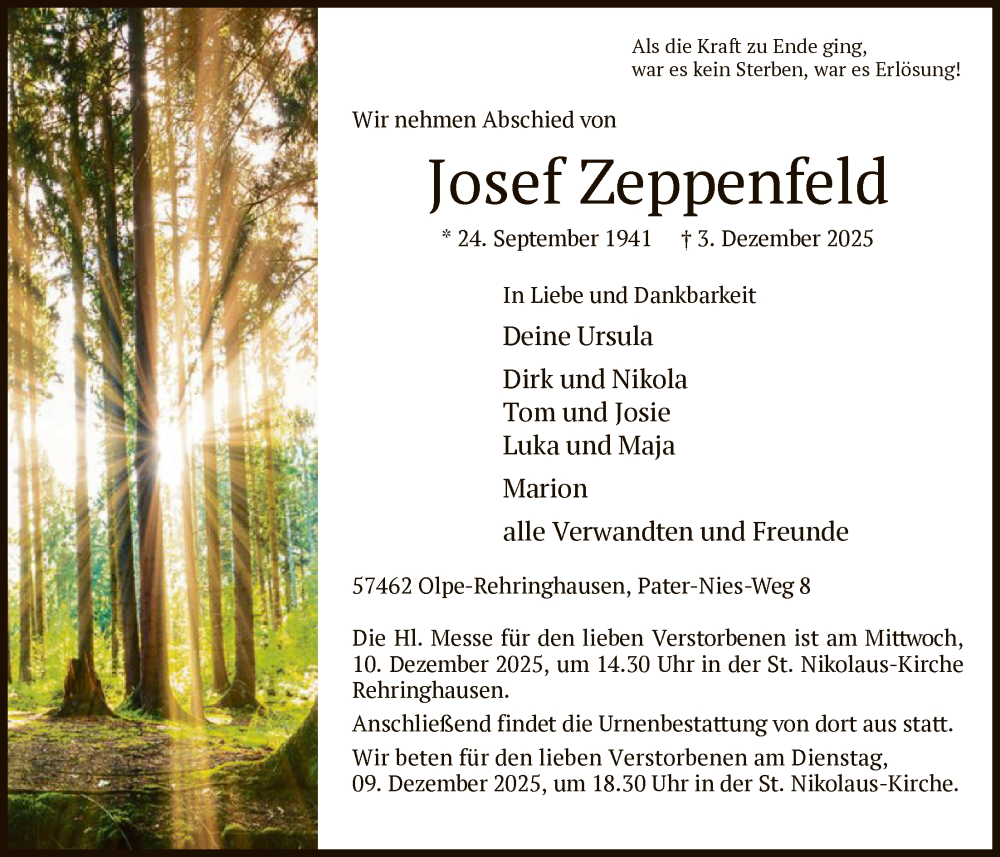  Traueranzeige für Josef Zeppenfeld vom 06.12.2025 aus HASK