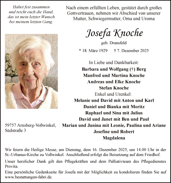 Traueranzeige von Josefa Knoche von HASK