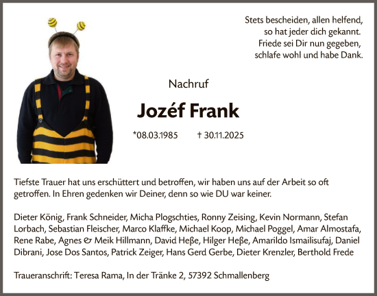 Traueranzeige von Jozéf Frank von HASK
