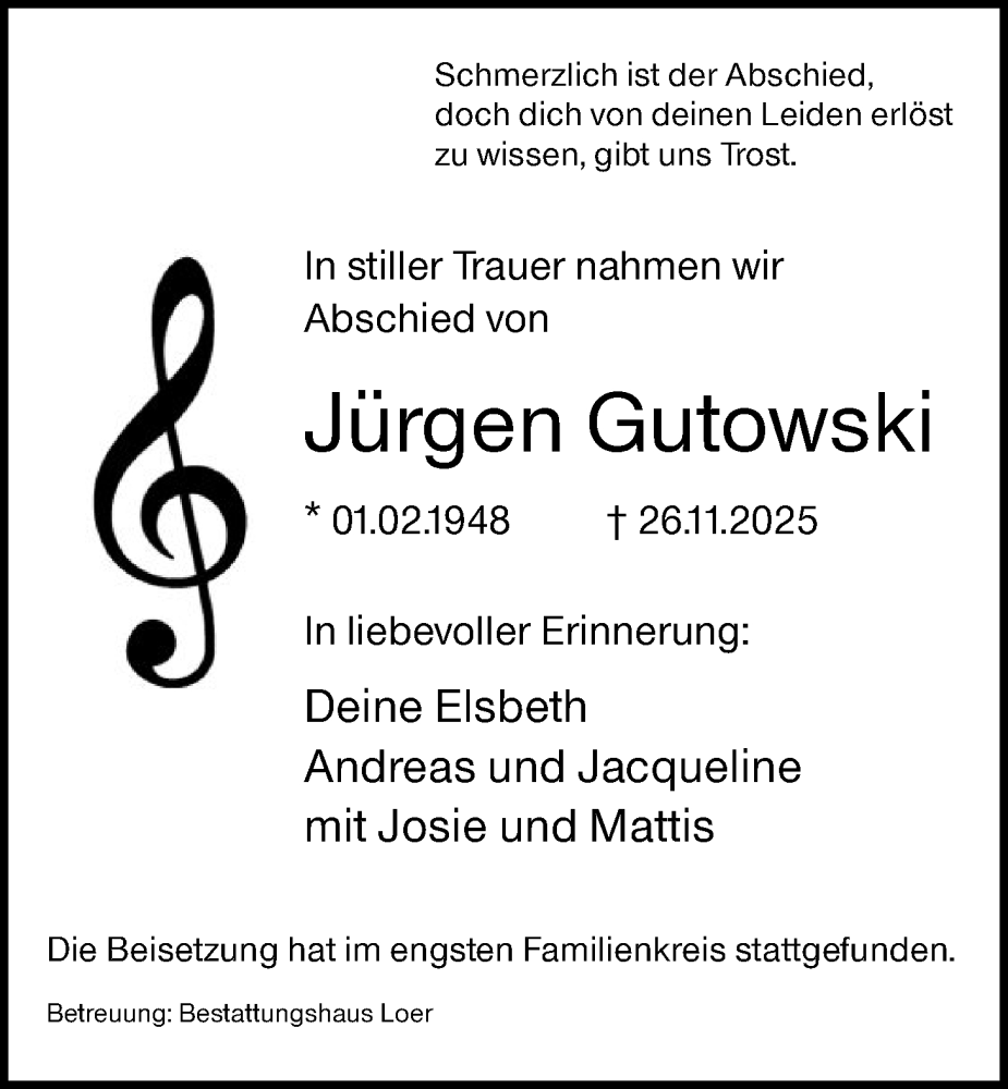 Traueranzeige für Jürgen Gutowski vom 13.12.2025 aus HAWA