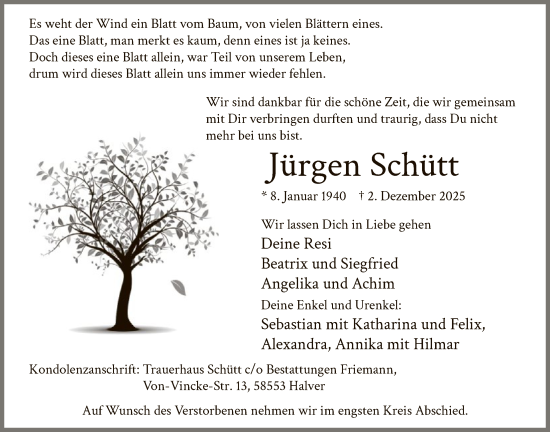 Traueranzeige von Jürgen Schütt von HALN