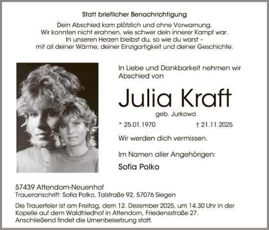 Traueranzeige von Julia Kraft von HASK