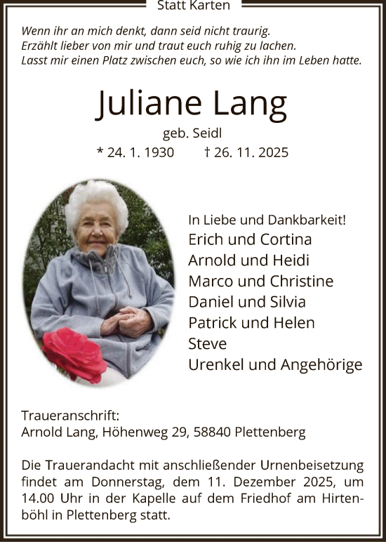 Traueranzeige von Juliane Lang von HALN