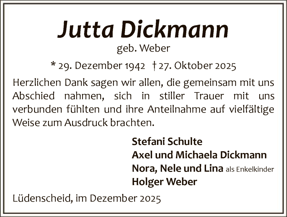  Traueranzeige für Jutta Dickmann vom 13.12.2025 aus HALN