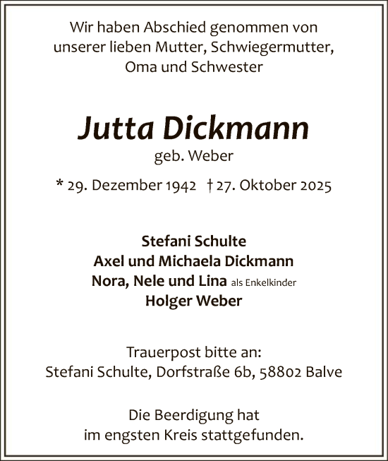 Traueranzeige von Jutta Dickmann von HALN