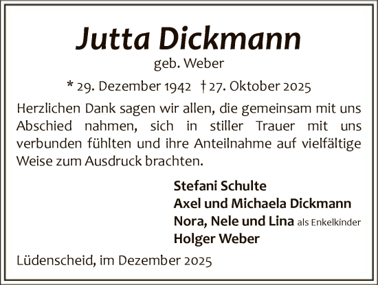 Traueranzeige von Jutta Dickmann von HALN