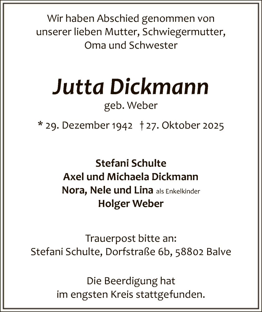  Traueranzeige für Jutta Dickmann vom 11.11.2025 aus HALN