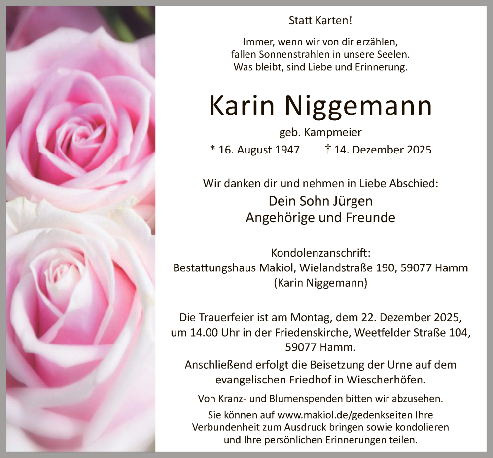  Traueranzeige für Karin Niggemann vom 20.12.2025 aus HAWA