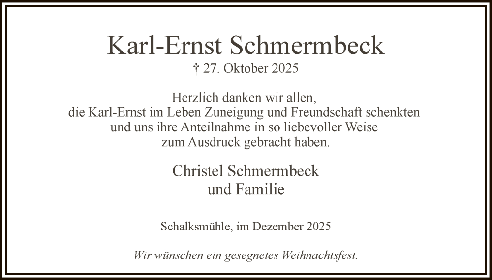  Traueranzeige für Karl-Ernst Schmermbeck vom 20.12.2025 aus HALN