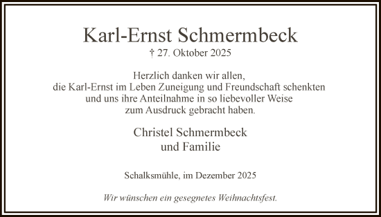 Traueranzeige von Karl-Ernst Schmermbeck von HALN
