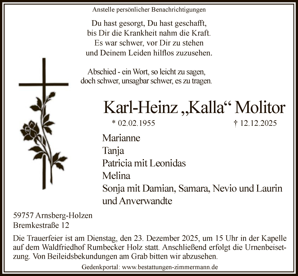  Traueranzeige für Karl-Heinz Molitor vom 20.12.2025 aus HASK