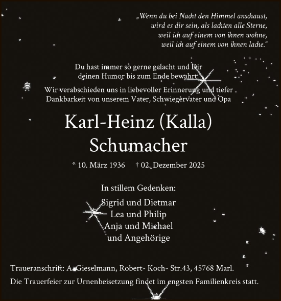 Traueranzeige von Karl-Heinz Schumacher von HALN