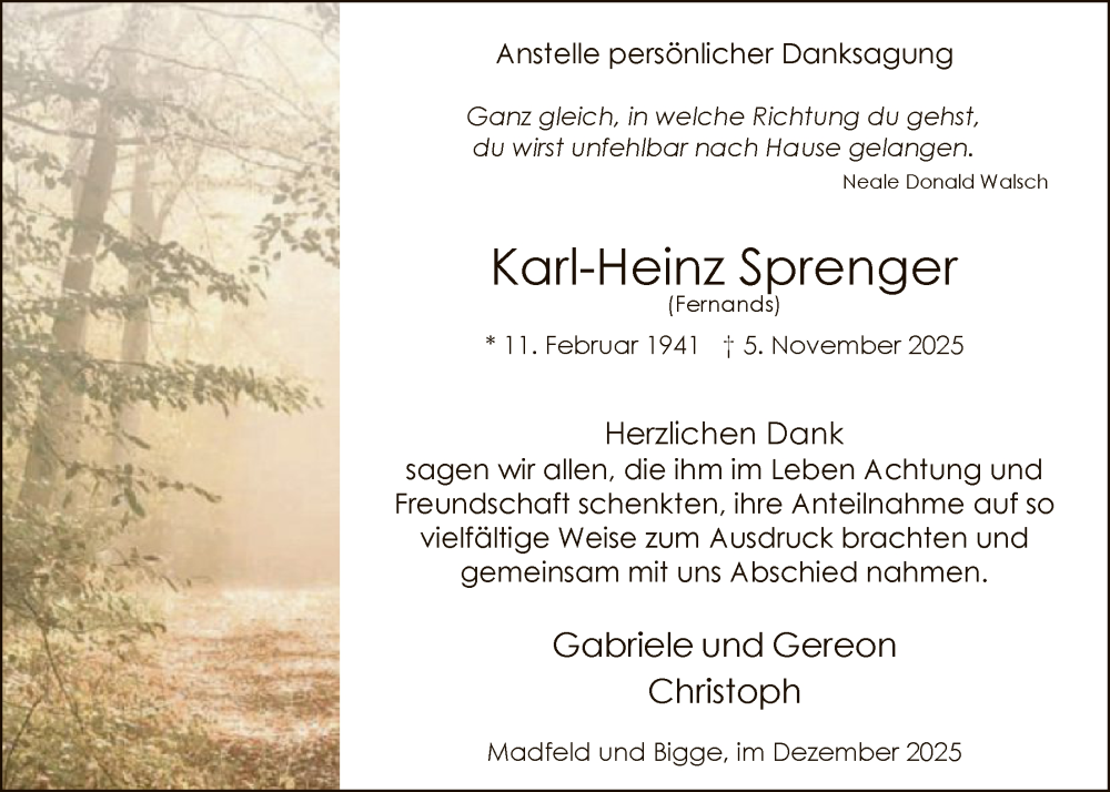  Traueranzeige für Karl-Heinz Sprenger vom 13.12.2025 aus HASK