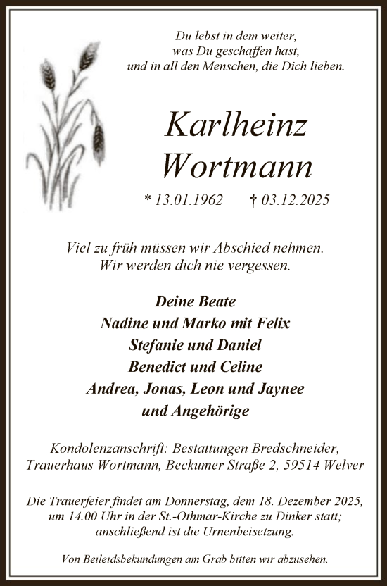 Traueranzeige von Karlheinz Wortmann von HASOHAWA