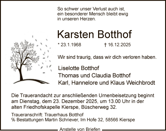 Traueranzeige von Karsten Botthof von HALN