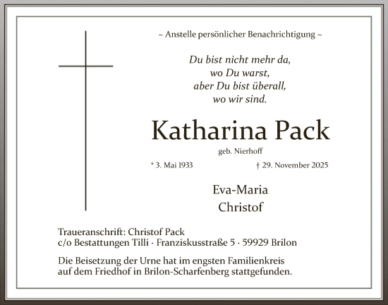 Traueranzeige von Katharina Pack von HASK