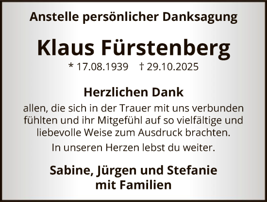 Traueranzeige von Klaus Fürstenberg von HASK
