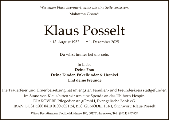 Traueranzeige von Klaus Posselt von HALN