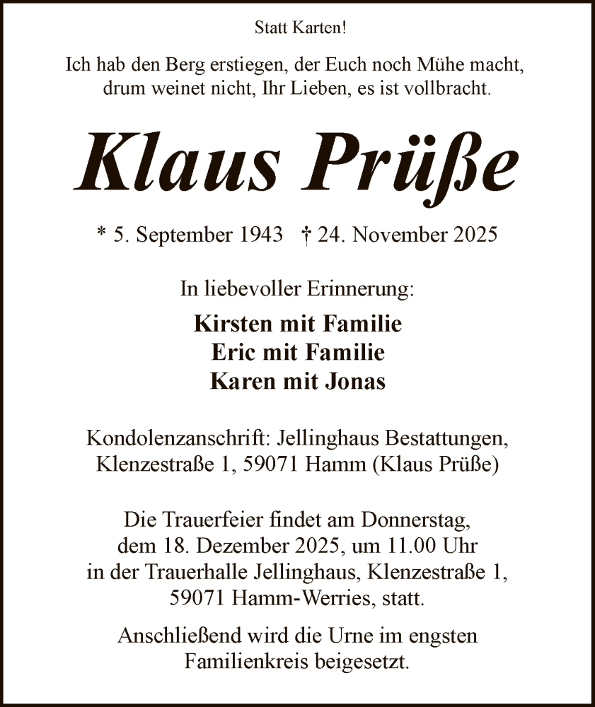 Traueranzeige für Klaus Prüße vom 13.12.2025 aus HAWA