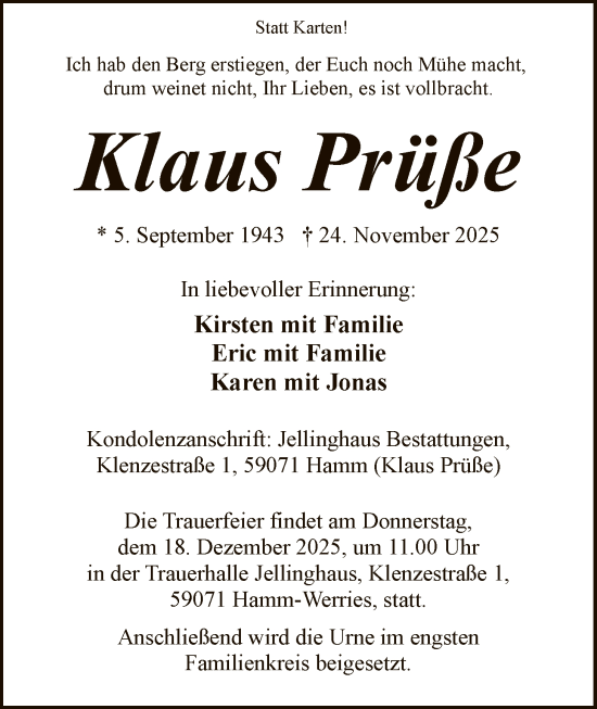 Traueranzeige von Klaus Prüße von HAWA