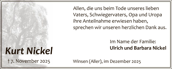 Traueranzeige von Kurt Nickel von HALN