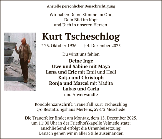 Traueranzeige von Kurt Tscheschlog von HASK