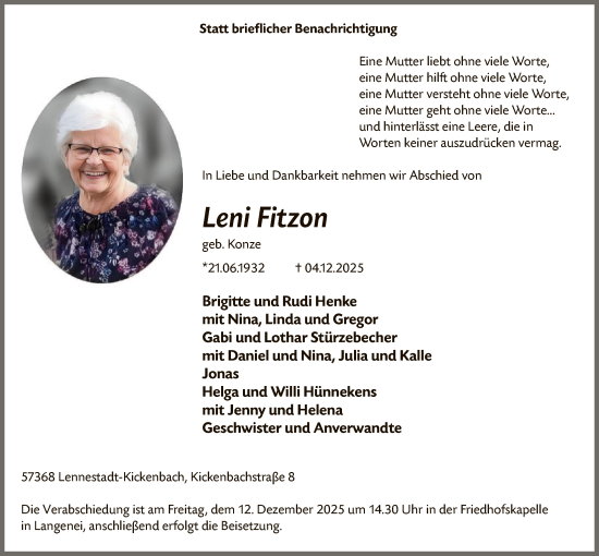 Traueranzeige von Leni Fitzon von HASK