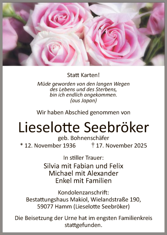 Traueranzeige von Lieselotte Seebröker von HAWA
