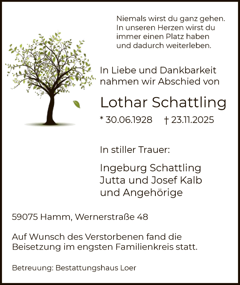  Traueranzeige für Lothar Schattling vom 06.12.2025 aus HAWA