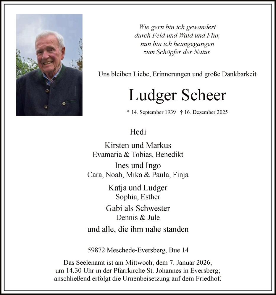  Traueranzeige für Ludger Scheer vom 27.12.2025 aus HASK