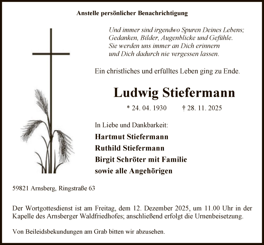  Traueranzeige für Ludwig Stiefermann vom 06.12.2025 aus HASK