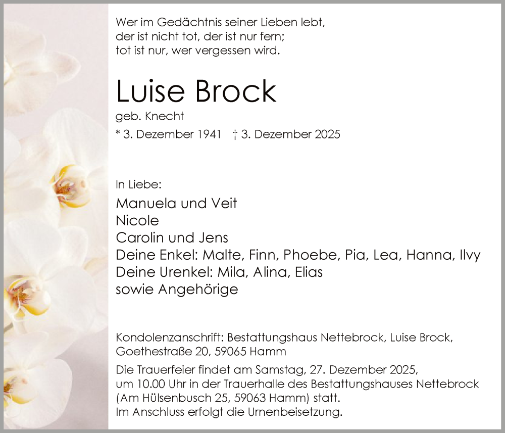  Traueranzeige für Luise Brock vom 20.12.2025 aus HAWA