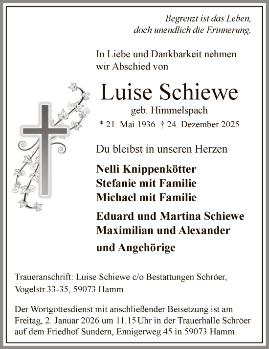 Traueranzeige von Luise Schiewe von HAWA