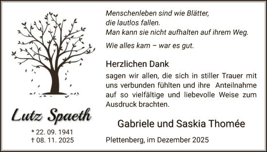 Traueranzeige von Lutz Spaeth von HALN