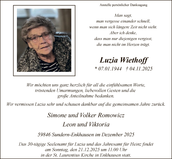 Traueranzeige von Luzia Wiethoff von HASK