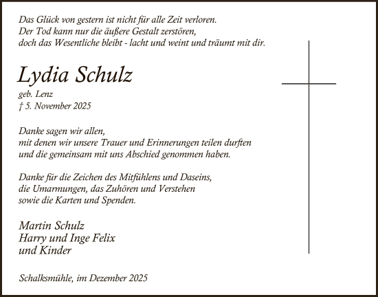 Traueranzeige von Lydia Schulz von HALN