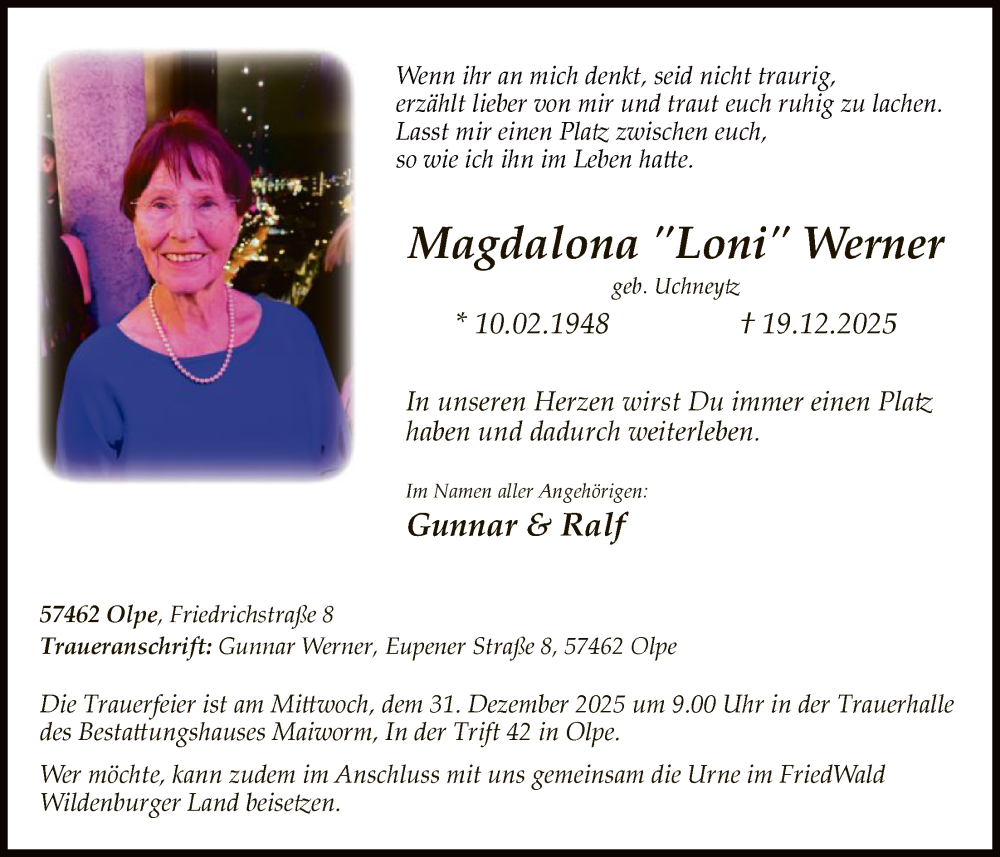  Traueranzeige für Magdalona Werner vom 27.12.2025 aus HASK