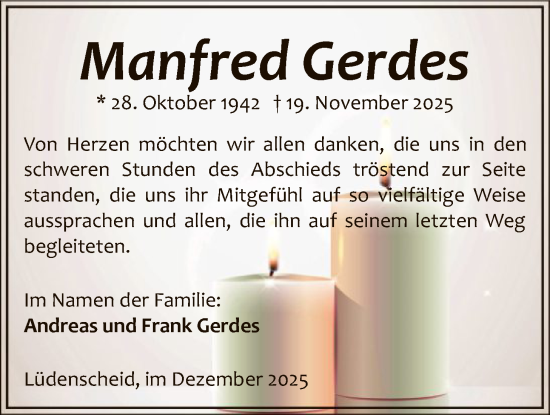 Traueranzeige von Manfred Gerdes von HALN