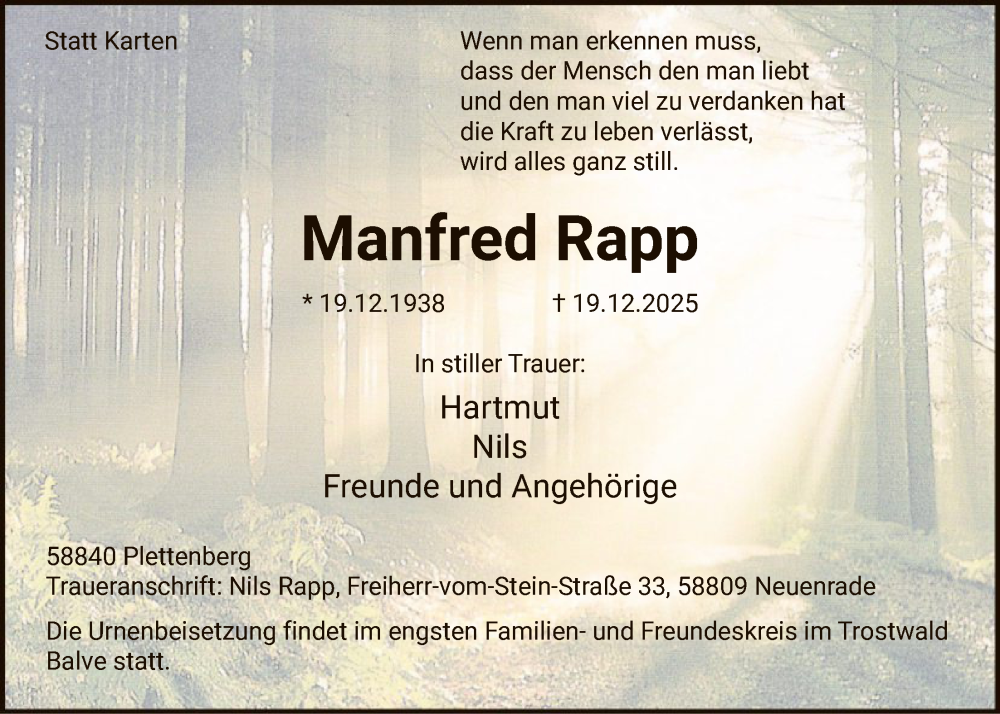  Traueranzeige für Manfred Rapp vom 24.12.2025 aus HALN